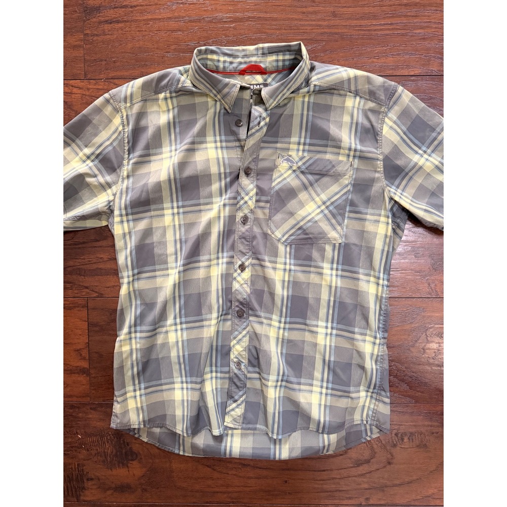 Simms Fishing Products Mens Medium Grey Yellow Plaid Short Sleeve‎ Button Shirt